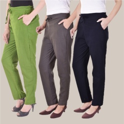 Combo of 3 Cotton Slub Solid Women Regular Fit Trousers Gray Navy Blue and Olive Green-41296