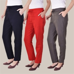 Combo of 3 Cotton Slub Solid Women Regular Fit Trousers Gray Navy Blue and Red-41282