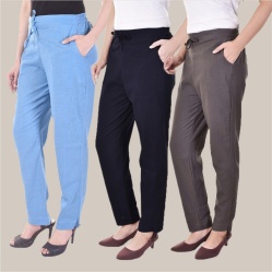 Combo of 3 Cotton Slub Solid Women Regular Fit Trousers Gray Navy Blue and Sky Blue-41262