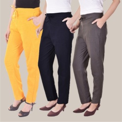 Combo of 3 Cotton Slub Solid Women Regular Fit Trousers Gray Navy Blue and Yellow-41156