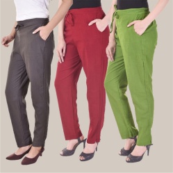 Combo of 3 Cotton Slub Solid Women Regular Fit Trousers Gray Olive Green and Maroon-41195