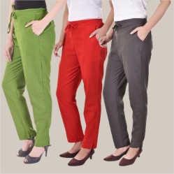 Combo of 3 Cotton Slub Solid Women Regular Fit Trousers Gray Olive Green and Red-41277
