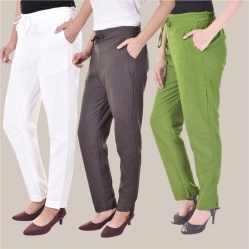 Combo of 3 Cotton Slub Solid Women Regular Fit Trousers Gray Olive Green and White-41230