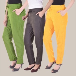 Combo of 3 Cotton Slub Solid Women Regular Fit Trousers Gray Olive Green and Yellow-41151