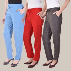 Combo of 3 Cotton Slub Solid Women Regular Fit Trousers Gray Red and Sky Blue-41251
