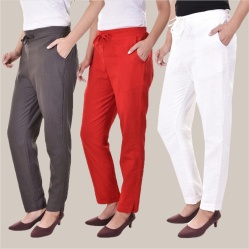 Combo of 3 Cotton Slub Solid Women Regular Fit Trousers Gray Red and White-41224