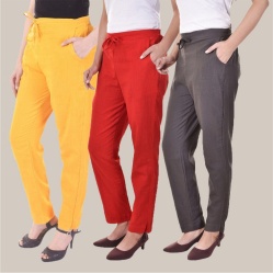 Combo of 3 Cotton Slub Solid Women Regular Fit Trousers Gray Red and Yellow-41145