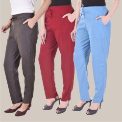Combo of 3 Cotton Slub Solid Women Regular Fit Trousers Gray Sky Blue and Maroon-41182