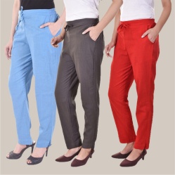 Combo of 3 Cotton Slub Solid Women Regular Fit Trousers Gray Sky Blue and Red-41189