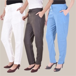 Combo of 3 Cotton Slub Solid Women Regular Fit Trousers Gray Sky Blue and White-41217