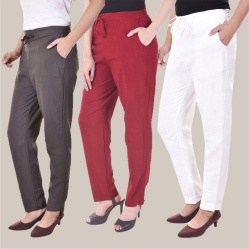 Combo of 3 Cotton Slub Solid Women Regular Fit Trousers Gray White and Maroon-41174