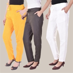 Combo of 3 Cotton Slub Solid Women Regular Fit Trousers Gray White and Yellow-41138