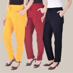 Combo of 3 Cotton Slub Solid Women Regular Fit Trousers Navy Blue Maroon and Yellow-41128