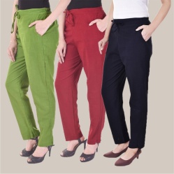 Combo of 3 Cotton Slub Solid Women Regular Fit Trousers Navy Blue Olive Green and Maroon-41194