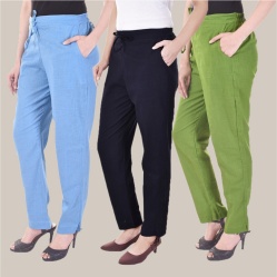 Combo of 3 Cotton Slub Solid Women Regular Fit Trousers Navy Blue Olive Green and Sky Blue-41256