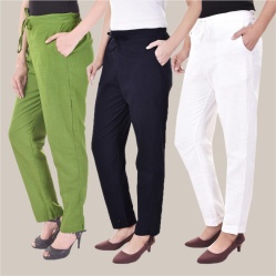 Combo of 3 Cotton Slub Solid Women Regular Fit Trousers Navy Blue Olive Green and White-41229