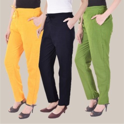 Combo of 3 Cotton Slub Solid Women Regular Fit Trousers Navy Blue Olive Green and Yellow-41150