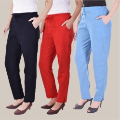 Combo of 3 Cotton Slub Solid Women Regular Fit Trousers Navy Blue Red and Sky Blue-41250