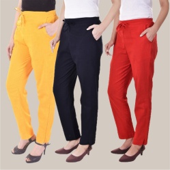 Combo of 3 Cotton Slub Solid Women Regular Fit Trousers Navy Blue Red and Yellow-41144