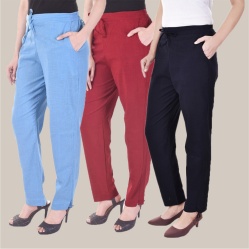 Combo of 3 Cotton Slub Solid Women Regular Fit Trousers Navy Blue Sky Blue and Maroon-41181