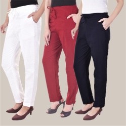 Combo of 3 Cotton Slub Solid Women Regular Fit Trousers Navy Blue White and Maroon-41173