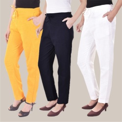 Combo of 3 Cotton Slub Solid Women Regular Fit Trousers Navy Blue White and Yellow-41137
