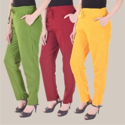 Combo of 3 Cotton Slub Solid Women Regular Fit Trousers Olive Green Maroon and Yellow-41127