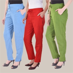 Combo of 3 Cotton Slub Solid Women Regular Fit Trousers Olive Green Red and Sky Blue-41249