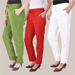 Combo of 3 Cotton Slub Solid Women Regular Fit Trousers Olive Green Red and White-41222