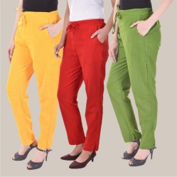Combo of 3 Cotton Slub Solid Women Regular Fit Trousers Olive Green Red and Yellow-41143