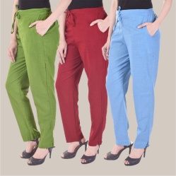Combo of 3 Cotton Slub Solid Women Regular Fit Trousers Olive Green Sky Blue and Maroon-41180