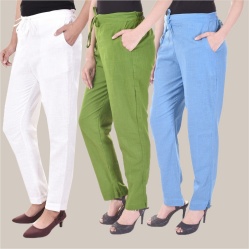 Combo of 3 Cotton Slub Solid Women Regular Fit Trousers Olive Green Sky Blue and White-41215