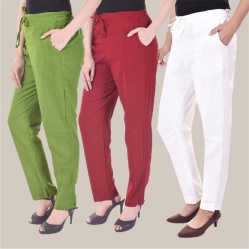 Combo of 3 Cotton Slub Solid Women Regular Fit Trousers Olive Green White and Maroon-41172