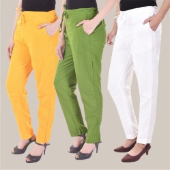Combo of 3 Cotton Slub Solid Women Regular Fit Trousers Olive Green White and Yellow-41136