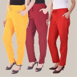 Combo of 3 Cotton Slub Solid Women Regular Fit Trousers Red Maroon and Yellow-41126