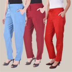 Combo of 3 Cotton Slub Solid Women Regular Fit Trousers Red Sky Blue and Maroon-41179