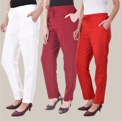 Combo of 3 Cotton Slub Solid Women Regular Fit Trousers Red White and Maroon-41171