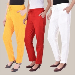 Combo of 3 Cotton Slub Solid Women Regular Fit Trousers Red White and Yellow-41135