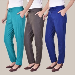 Combo of 3 Cotton Slub Solid Women Regular Fit Trousers Royal Blue Cyan and Gray-41319