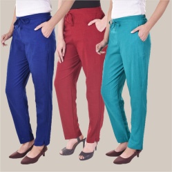 Combo of 3 Cotton Slub Solid Women Regular Fit Trousers Royal Blue Cyan and Maroon-41209