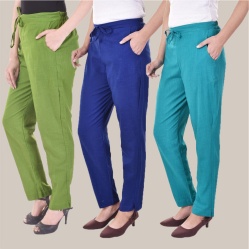 Combo of 3 Cotton Slub Solid Women Regular Fit Trousers Royal Blue Cyan and Olive Green-41305