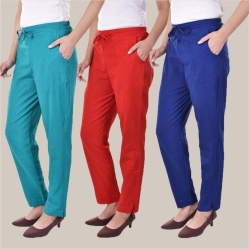 Combo of 3 Cotton Slub Solid Women Regular Fit Trousers Royal Blue Cyan and Red-41291