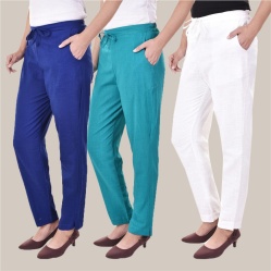 Combo of 3 Cotton Slub Solid Women Regular Fit Trousers Royal Blue Cyan and White-41244
