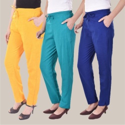 Combo of 3 Cotton Slub Solid Women Regular Fit Trousers Royal Blue Cyan and Yellow-41165