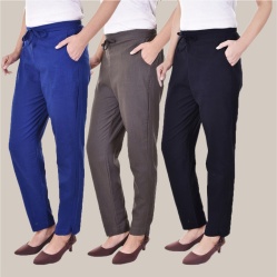 Combo of 3 Cotton Slub Solid Women Regular Fit Trousers Royal Blue Gray and Navy Blue-41311