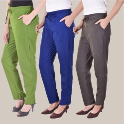 Combo of 3 Cotton Slub Solid Women Regular Fit Trousers Royal Blue Gray and Olive Green-41302