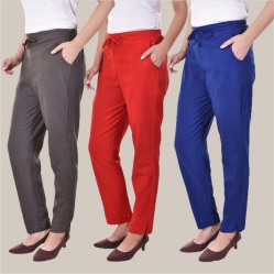 Combo of 3 Cotton Slub Solid Women Regular Fit Trousers Royal Blue Gray and Red-41288