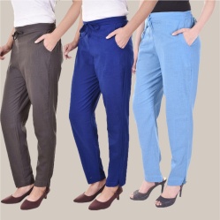 Combo of 3 Cotton Slub Solid Women Regular Fit Trousers Royal Blue Gray and Sky Blue-41268