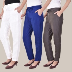 Combo of 3 Cotton Slub Solid Women Regular Fit Trousers Royal Blue Gray and White-41241