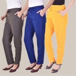 Combo of 3 Cotton Slub Solid Women Regular Fit Trousers Royal Blue Gray and Yellow-41162